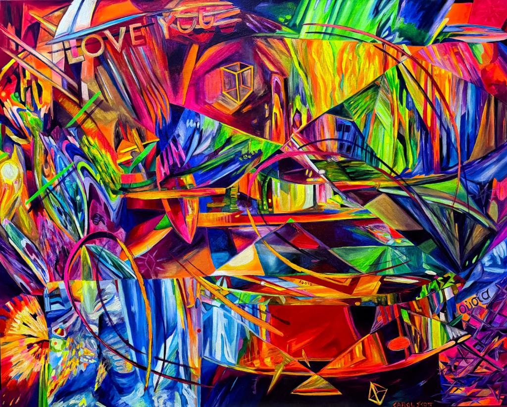 Bold abstract painting with neon geometric forms and Love You text by Carol Scott