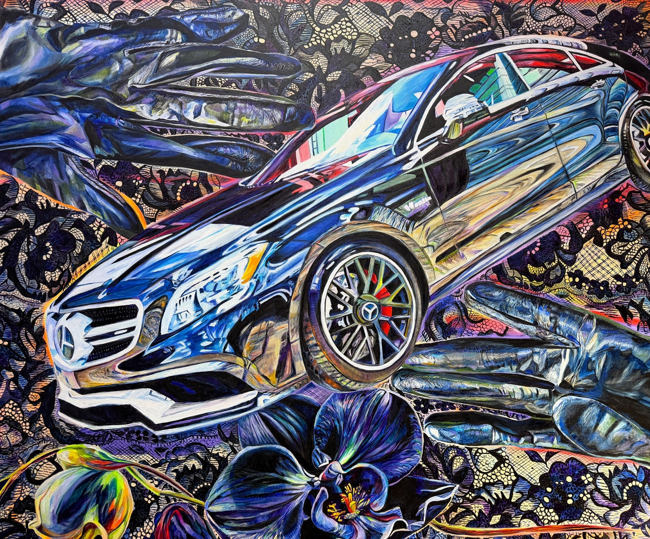 Luxury sports car with ornate lace pattern background