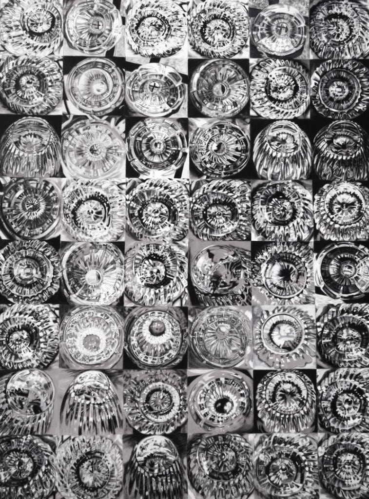 Black and white grid of crystal glass bottoms