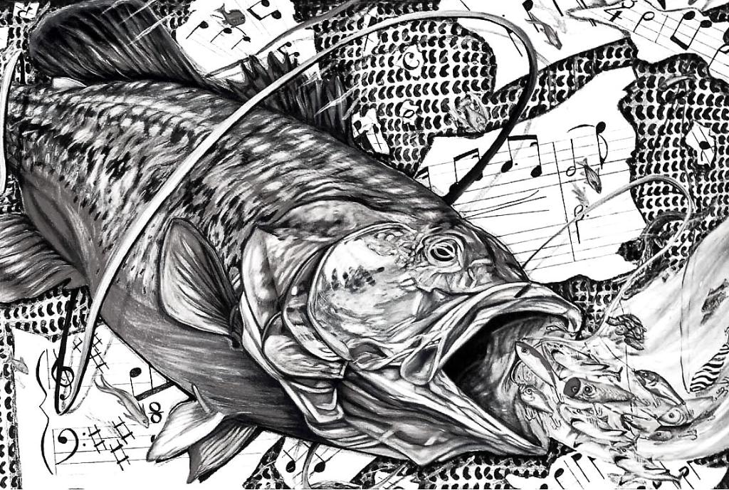 Black and white fish with musical notes illustration