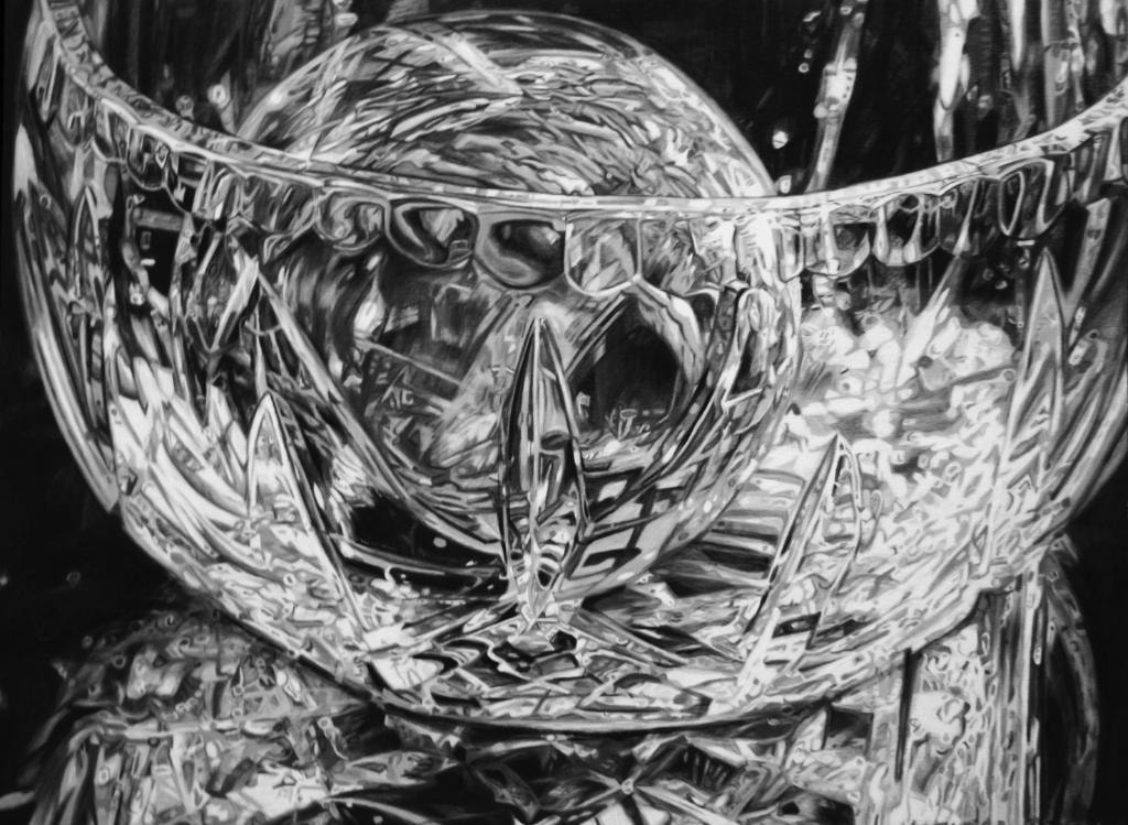 Black and white painting of a crystal bowl with sphere