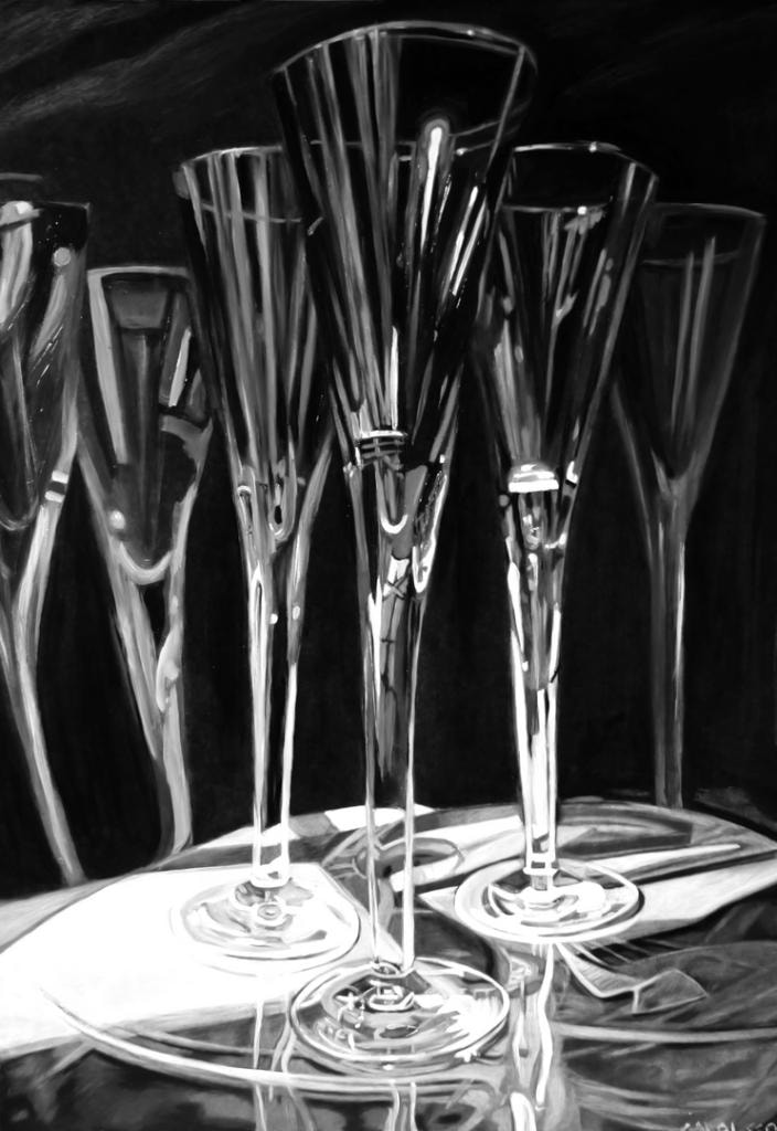 Black and white painting of champagne flutes