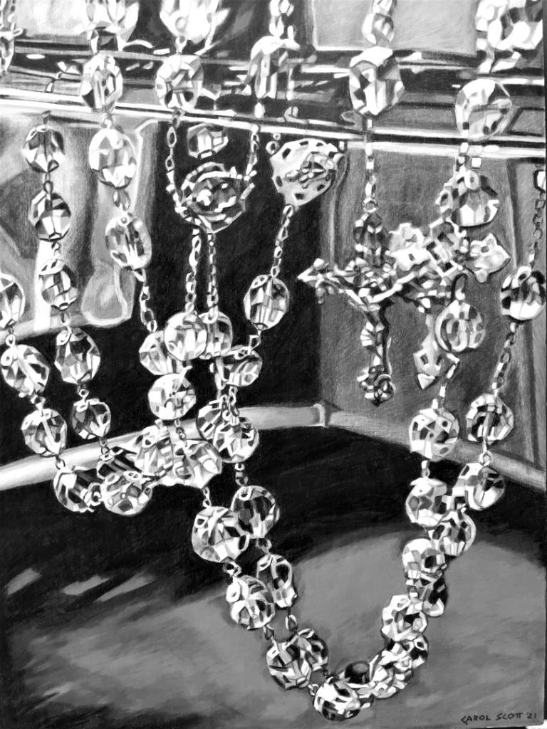 Black and white painting of crystal bead strands