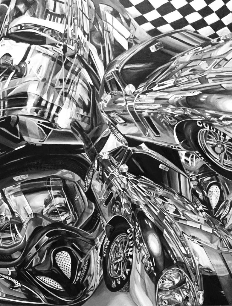 Black and white painting of vintage cars with checkered flag