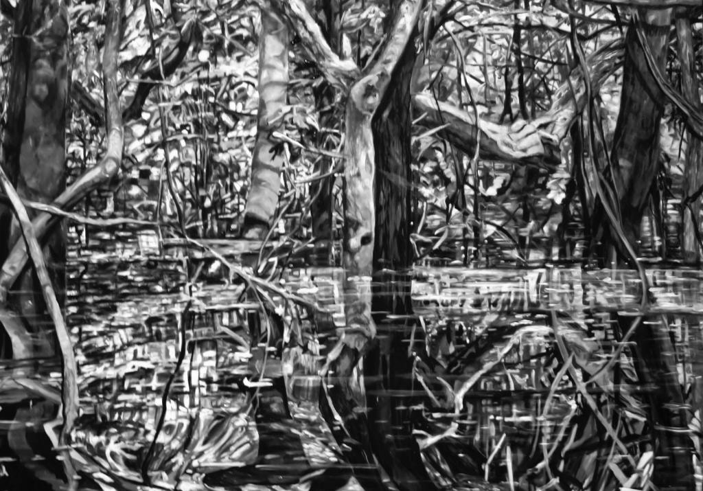 Black and white painting of swamp trees with reflections