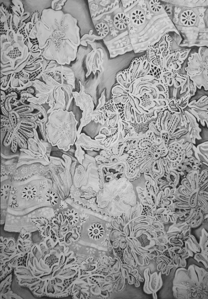 Black and white pencil drawing of intricate lace