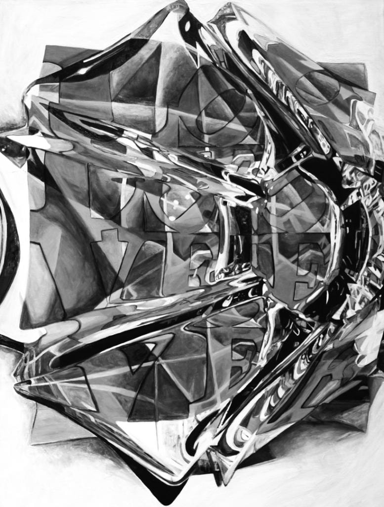 Black and white painting of a crushed metallic can