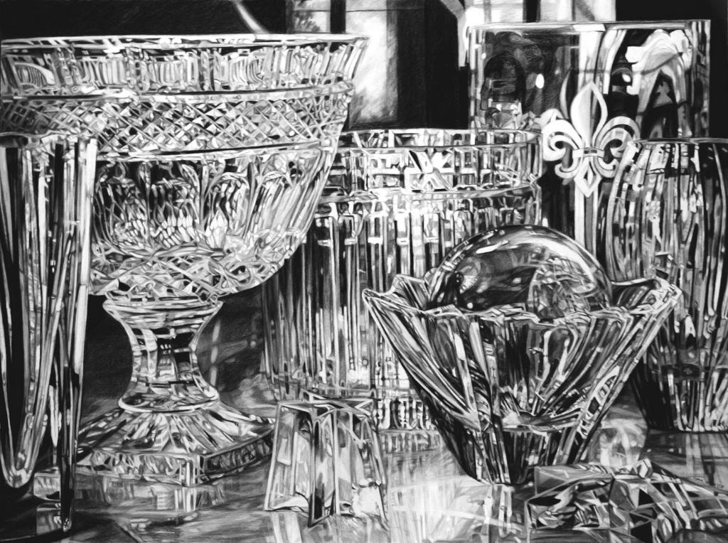 Black and white painting of ornate crystal vessels and bowls