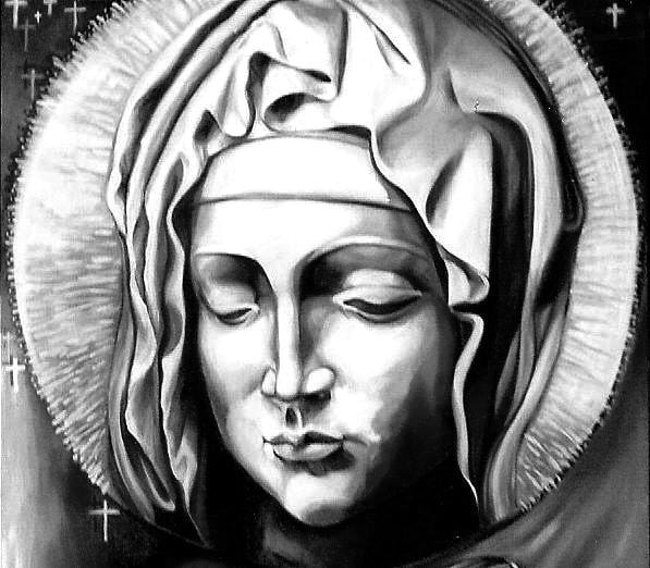 Black and white painting of Madonna with halo
