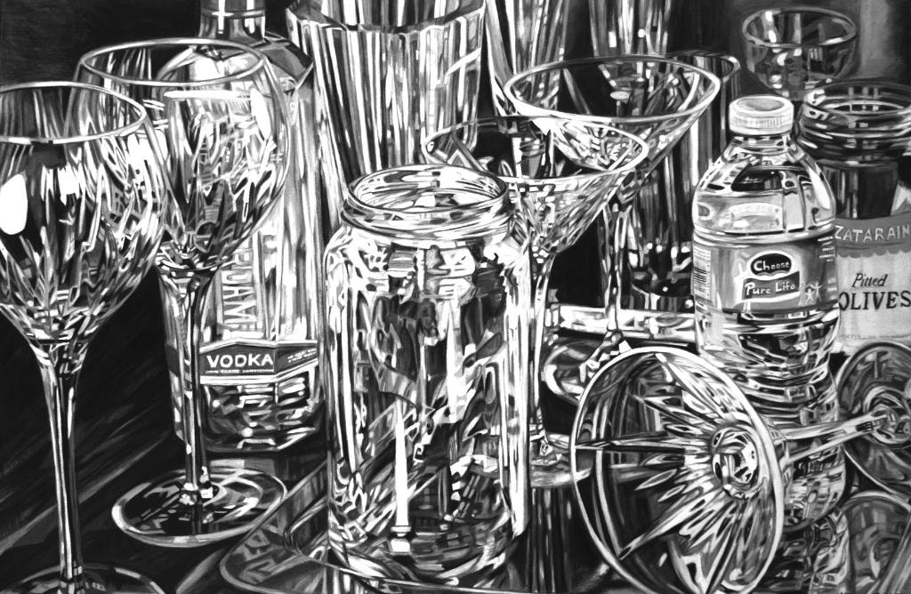 Black and white painting of vodka bottle and glassware still life