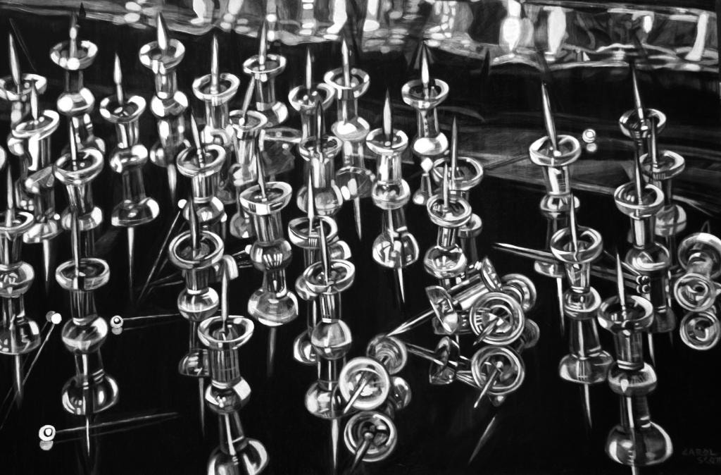 Black and white painting of pushpins on reflective surface