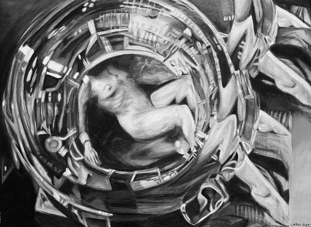 Black and white painting of figure inside circular mechanical form