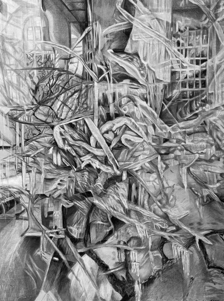 Black and white painting of urban foliage and architecture