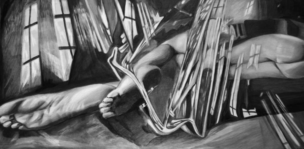 Black and white painting of reclining figure with dramatic light