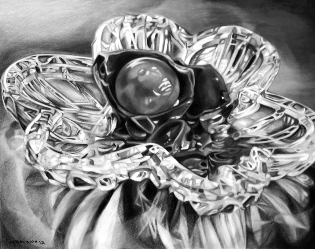 Black and white painting of crystal flower-shaped bowl with sphere