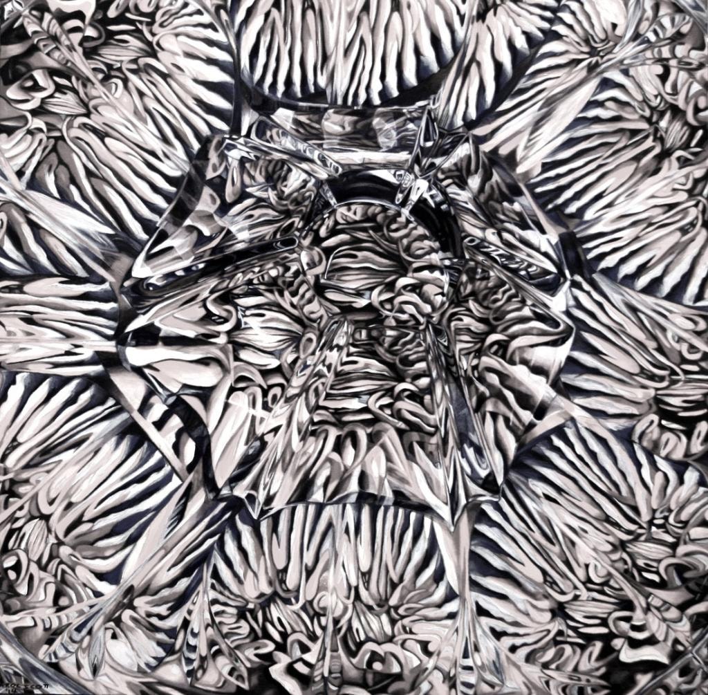Black and white painting of zebra-striped crystal glass pattern