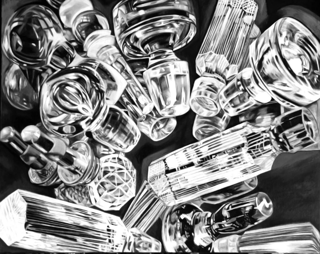 Black and white overhead painting of scattered crystal glassware and stoppers